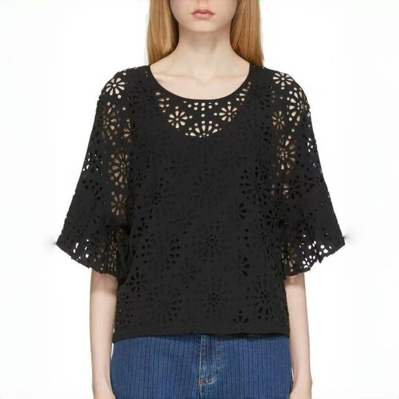 $428 NWOT See by Chloé Eyelet Top Lasercut Perforated Blouse Size 40 Black - Picture 2 of 14